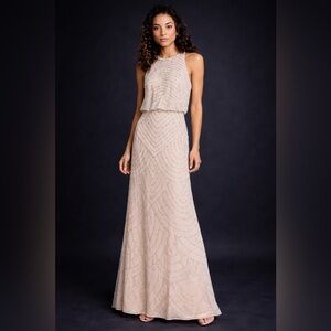 Adrianna Papell Neutral Beaded Blouson Maxi Dress